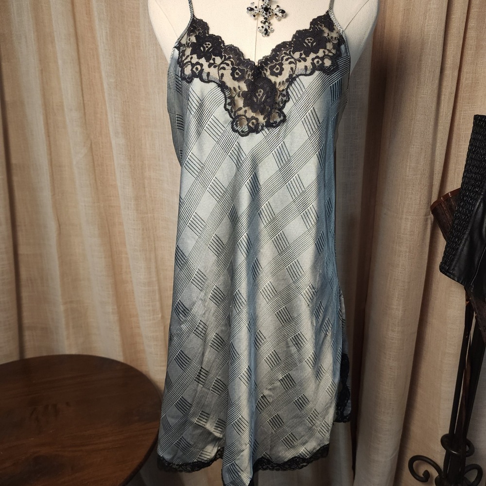 Vintage Y2K Jaclyn Smith Gray Plaid Slip Dress M Black Lace Chemise